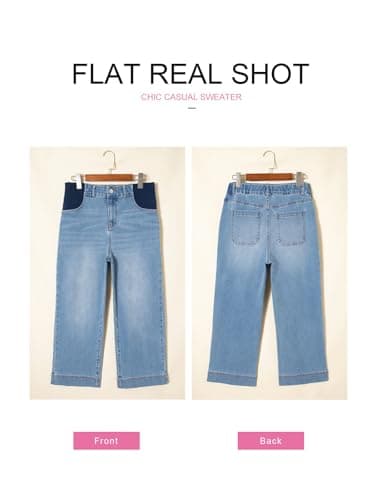 BLENCOT Women's Maternity Baggy Jeans Stretchy Wide Leg Jeans Side Panel Loose Pregnancy Denim Pants with Pockets Beau Blue L - Thumbnail 4