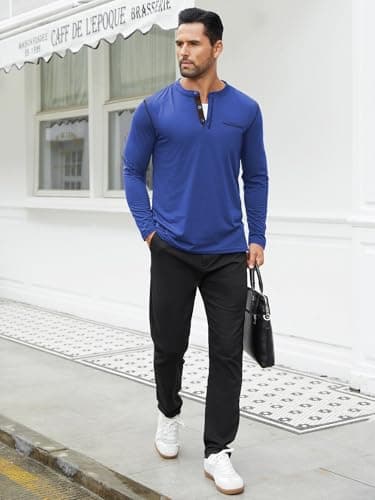 Hardaddy Men's Color Contrast Henley Shirt Long Sleeve Button T-Shirt Lightweight Henley Tshirt for Men Basic Pullover Shirt with Pocket Royal Blue L - Thumbnail 5