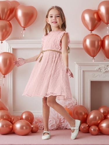 ALLOVIN Toddler and Girls Vintage Boho A-Line Lace Dress with Belt Pom Pom Trim Birthday Party Dress | Pink | 6-7Y - Thumbnail 6