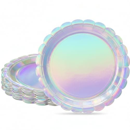 NatNarr 30 Pcs Iridescent Paper Plates Disposable 7 Inch Scalloped Holographic Plates Sliver Cake Dessert Plate for Birthday, Mermaid, Disco - Image 1