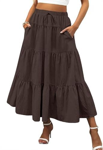 SEMARO Summer Maxi Skirts for Women Tiered A-Line Boho Flowy Long Skirts High Waist Beach Dress with Pockets Coffee Brown - Image 1