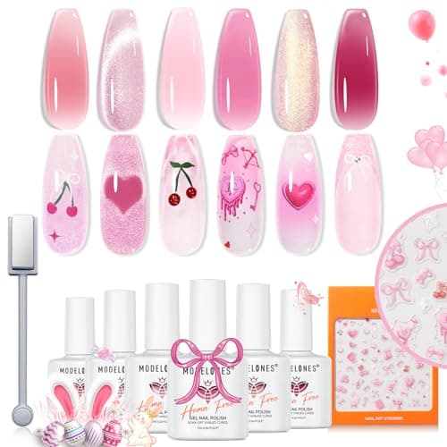 modelones Pink Gel Polish Set, Hema Free Light Pink Cat Eye Gel Polish Jelly Glitter Nude Hot Pink Pastel Nail Polish 6 Colors 2026 Spring Easter LED Nail Art DIY Gift with Magnet&Love-heart Stickers - Image 1