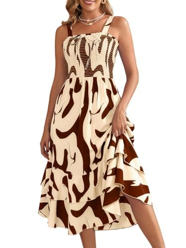 Lyrur Summer Dresses for Women Floral Boho Maxi Dress Tiered Ruffle Casual Beach Vacation Sundresses Pockets (Apricot Small) - Image 1