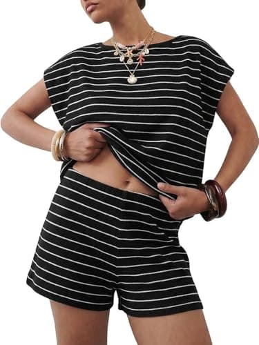 EXLURA Womens 2 Piece Sweater Sets Stripe Cap Sleeve Knit Tops Shorts Set Faux Cashmere Summer Beach Vacation Cruise Outfit - Image 1