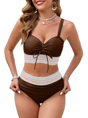 VIAURBE Women High Waisted Bikini Sets Tummy Control Swimsuits Color Block Two Piece Drawstring Bathing Suit Brown L