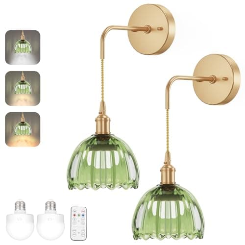 Kavedod Battery Operated Wall Sconces CCT Dimmable Wireless Sconces Set of 2, Vintage Light Fixture with Green Tulip Glass Lampshade Wall Decor Set of 2 for Living Room Bedroom Bedside Bathroom - Image 1