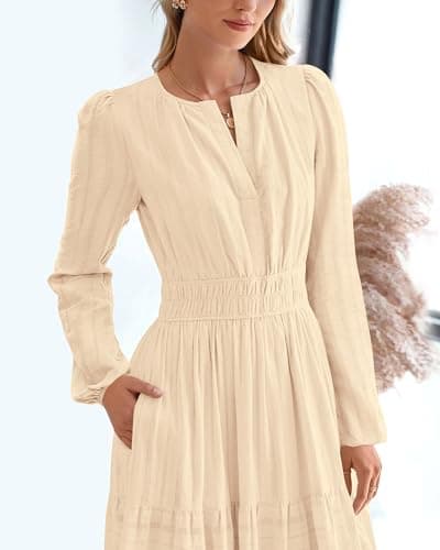 BTFBM Fall Dresses for Women 2026 Casual Long Sleeve V Neck Elastic Waist Lightweight Maxi Wedding Guest Dress Pockets(Apricot, Small) - Thumbnail 6