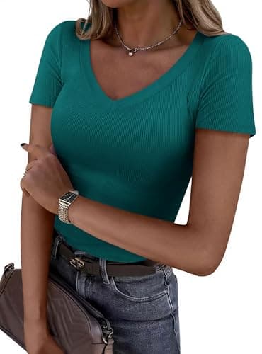 PRETTYGARDEN Women 2026 Spring Tops Trendy Ribbed Short Sleeve V Neck Fitted Basic Tee Shirts Casual Going Out Summer Outfits (Teal,Small) - Image 1