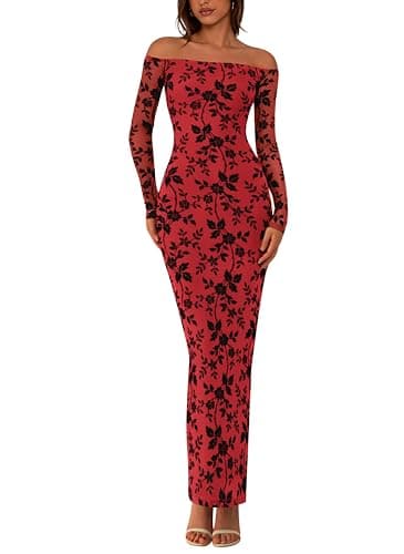 PRETTYGARDEN Womens Off The Shoulder Floral Maxi Bodycon Dress Fall Long Sleeve Mesh Fitted Long Formal Wedding Guest Dresses(Red,Medium) - Image 1