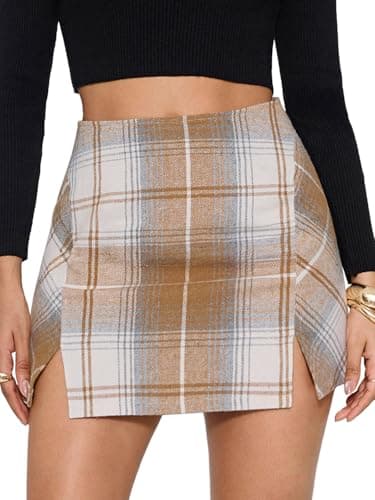EXLURA Women's Fashion Faux Wool Mini Skirt High Waisted Y2K Trendy Side Slit Tweed Plaid Skirts 2025 Fall Winter Outfits Brown - Image 1