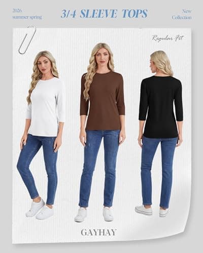 GAYHAY 3 Pack 3/4 Length Sleeve Womens Tops - Casual Crew Neck Summer T Shirts Spring Blouses Black White Brown 2026 - Thumbnail 2