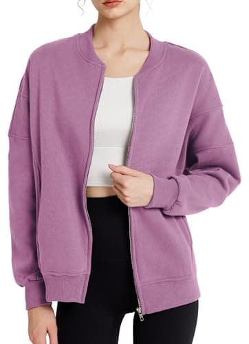 GEMLON Womens Zip Up Sweatshirts Jackets Long Sleeve Casual Loose Outwear with Pockets Purple L - Thumbnail 4