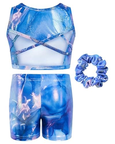JiAmy Two Piece Gymnastics Leotards for Girls, Sleeveless Sparkly Dance Biketards with Shorts Ballet Tumbling Outfit Blue Marbled 8-9 Years - Thumbnail 2