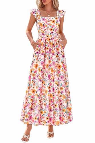 dowerme Womens Summer Dresses 2026 Ruffle Sleeve Square Neck Floral Boho Midi Dress Spring Smocked Beach Party Sundress(Pink Flower,Medium) - Image 1