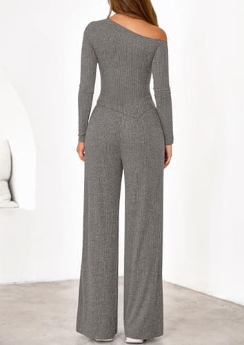 PRETTYGARDEN Fall Two Piece Sets For Women 2026 Off Shoulder Tops Long Pants Knit Matching Lounge Set Airport Travel Outfits(Grey,XX-Large) - Thumbnail 5