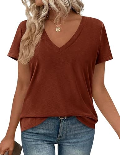PRETTYGARDEN Womens Tops Short Sleeve Oversized Tshirts Shirts 2026 Summer Casual V Neck Loose Basic Tees Spring Tunic Blouse (Rust Red,Small) - Image 1