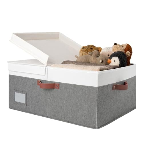 GRANNY SAYS Decorative Storage Boxes with Lids, Collapsible Large Closet Storage Bins with Label, Fabric Storage Bins for Clothes, White&Gray - Image 1