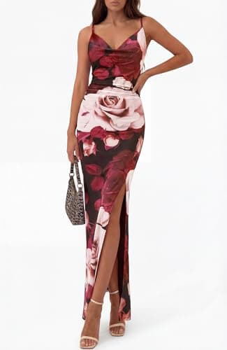 BTFBM Summer Dresses for Women 2026 Bodycon Spaghetti Strap Floral High Split Maxi Cocktail Wedding Guest Dress(Floral Black Apricot,X-Small) - Thumbnail 3