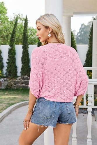 Women's 2024 Batwing Crochet Open Front Summer Shrug Cardigan Pastel Pink M - Thumbnail 4