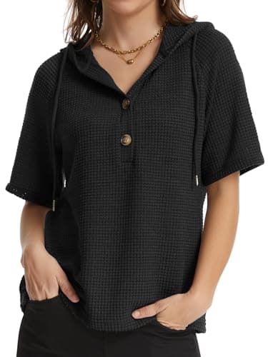 Lallabai Womens Summer Tops Waffle Short Sleeve Loose Sweaters Lightweight Drawstring Hoodies Button V Neck Casual Blouses Black - Image 1