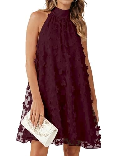 Gleeneat Womens Summer Halter Bridal Shower Cocktail Short Wedding Guest Tulle Floral Dresses for Bride 2026 A Line Homecoming Formal Rehearsal Dinner Engagement Dress Flowy Dress Outfit Burgundy - Image 1
