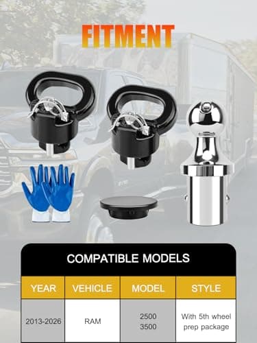 60618 Puck System Gooseneck Hitch Ball Kit with Box, Compatible with 2013-2026 Dodge RAM 2500 3500, 2-5/16” Hitch Ball for Truck Bed with 2 Safety Chain Anchors, 38000 LBS GTW/7500 LBS VTW - Thumbnail 2