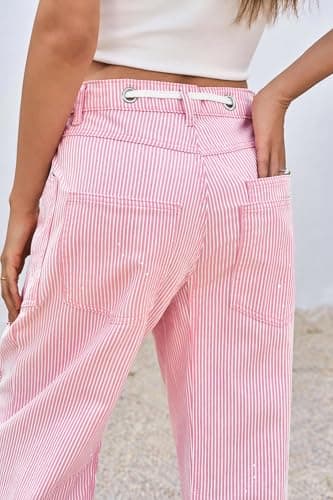 PLNOTME Womens Baggy Barrel Horseshoe Jeans Wide Leg Patchwork Low Rise Striped Pants with Pockets Pink - Thumbnail 3