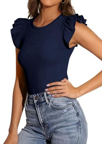 PRETTYGARDEN Womens Summer Crew Neck T Shirts 2026 Trendy Ruffle Sleeve Slim Fit Knit Going Out Tops Casual Spring Clothes (Navy,X-Large) - Thumbnail 4