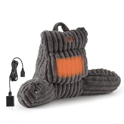 Amélie Home Heated Faux Fur Reading Pillow with Pocket - 3-Temperature Backrest for Sitting in Bed, USB-Powered(No Power Bank Included) Warming (113°F-131°F), 3H Auto Shutoff, Grey, 18 Inches - Image 1