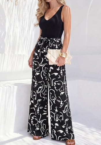 BTFBM Two Piece Sets For Women Summer 2026 Spring Outfits Casual Sleeveless Wide Leg Pants Sets Beach Vacation Clothes(Floral Black White, Large) - Thumbnail 6