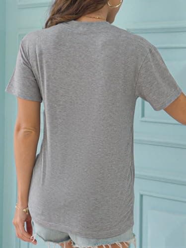 AiMgFUN Women's 2025 Summer Graphic T Shirts,Stylish Short Sleeve Tee, Printed Casual Top,Crew Neck Roseflower Grey-XL - Thumbnail 5