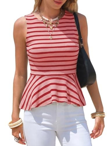 EXLURA Women Summer Tank Tops 97% Cotton Waffle Knit Peplum Top Sleeveless Crewneck Striped Ruffle Hem Business Casual Shirts Pink Red - Image 1