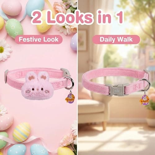 Cute Easter Dog Collar for Puppy Small Medium Large Dogs with Removable Bunny/Rabbit, Pink Girl Dog Collar for Easter, Birthday, Wedding, Daily Wear and Photoshoots (Easter, S: for Small Dog) - Thumbnail 5