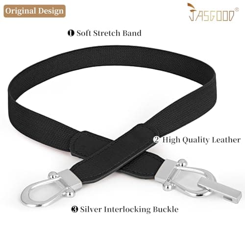 JASGOOD Women Skinny Elastic Belt for Dresses,Thin Retro Stretch Waist Belt with Silver Buckle 2 Pack,Black+Brown - Thumbnail 2