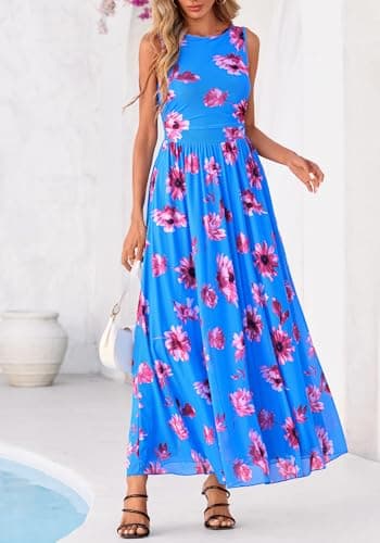 BTFBM Summer Dresses for Women 2026 Floral Maxi Dress Sleeveless Mesh Flowy Long Sundress Beach Vacation Clothes Pockets(Blue Red Flower, XX-Large) - Thumbnail 6