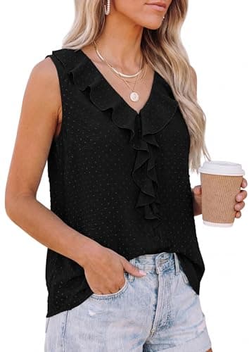 PRETTYGARDEN Womens Tank Tops 2026 Summer Dressy Casual Blouses Sleeveless Ruffle V Neck Swiss Dot Button Down Work Shirts (Black,Small) - Thumbnail 4