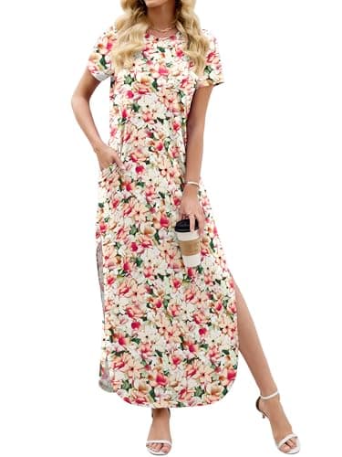 Heymoments Womens Summer Maxi Dress Floral Print XX-Large Short Sleeve Casual Loose Fitted Long T Shirt Ladies Flowy Dresses Split Cute Vacation Party Beach Travel Elegant Sundress with Pockets - Image 1