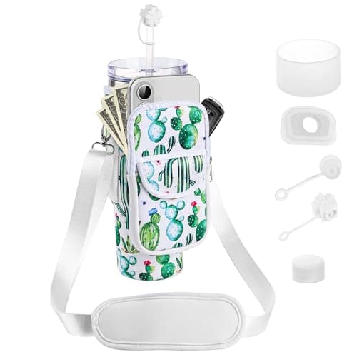 BOCMTR Water Bottle Holder with Strap for Stanley 30/40 oz Tumbler, Fashion Stanley Cup Bag with Big Phone Pocket, Silicone Boot, Straw Cover & Leak Proof Stoppers (Cactus) - Image 1