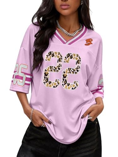 TAKEYAL Jersey Shirts for Women Oversized Graphic Tees Womens Streetwear Cute Summer Y2K Tops Trendy Medium Pink - Image 1