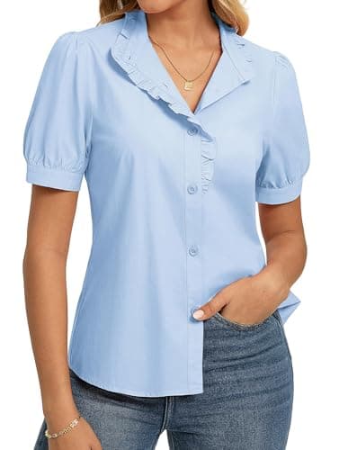 GRACE KARIN Women's 2026 Summer Short Sleeve Tops, Dressy Casual V Neck Blouses, Trendy Button Down Shirts Work Office Blue S - Image 1