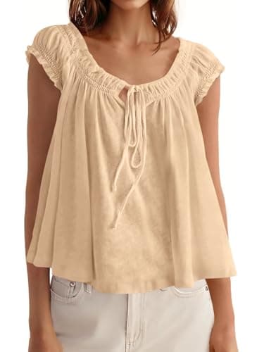 Beloyoni Womens Babydoll Tops Dressy Casual Loose Fit Flowy Shirts Cap Sleeve Tie Front Summer Pleated Blouses Work Shirt Beige XL - Image 1