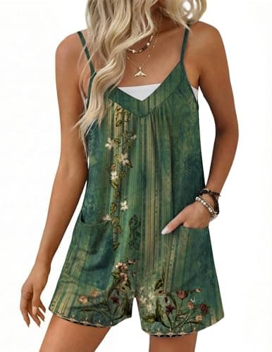 Ekouaer Womens Summer Casual Sleeveless Rompers 2026 Floral Loose Shorts Overalls Adjustable Boho Jumpsuits with Pockets Green Print Large - Image 1