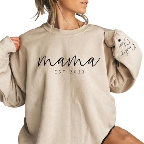 ROSLILY Personalized Mama Est Shirt for Women Custom Mom Sweatshirt Hoodie with Kid Name on Sleeve Pullover Tops Gifts for New Mom Dad Mother's Day Father's Day Birthday, 2XL - Image 1