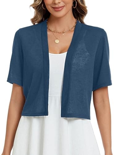 Heymoments Women's Thin Shrugs for Dresses Navy Blue Medium Open Front Short Sleeve Lightweight Coat Cropped Tops Shawls and Wraps Cardigan Dressy Clothes - Image 1