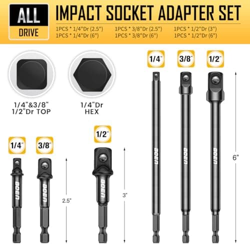 BOEN 6-Piece Impact Grade Socket Adapter Set, 3-Inch & 6-Inch Hex Shank Extension Bit, 1/4", 3/8", and 1/2" Drive, Adapt Your Power Drill To High Torque Impact Wrench - Thumbnail 2