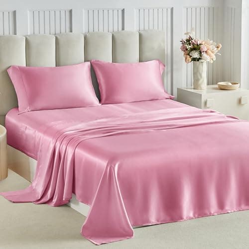 Tokokimo Satin Sheets King Size 4 PC - 16" Deep Pocket Silky Soft Bed Sheets, Wrinkle-Free Pink Satin Silk Sheet, Hair & Skin Saver Bed Sheets Set with 1 Fitted Sheet, 1 Flat Sheet, 2 Pillow Cases - Image 1
