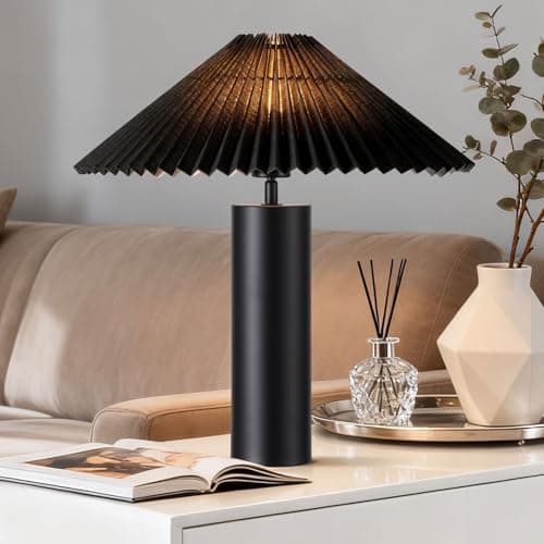 YJSQOEOE Modern Table Lamp with Pleated Lampshade and Cylindrical Base, E26 Bulb Compatible, Contemporary Accent Light for Living Room, Bedroom, Office (Black)
