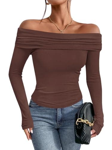 Imily Bela Women's Off The Shoulder Tops Long Sleeve Slim Fitted Y2K Sexy Going Out Nightout Blouse Shirts Dark Brown - Image 1