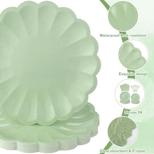96 Pcs Sage Green Paper Plates and Napkins Party Supplies Serve 24 Guests Include Scalloped Dinner Plate 9.5", Dessert Plate 7.5", Napkins Plastic Forks for Baby Bridal Shower Wedding Birthday - Thumbnail 3
