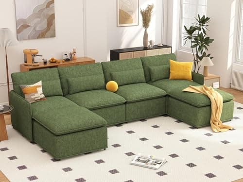 Maakkuu 129" U Shaped Couch, Modular Sectional Sofa with Moveable Ottoman, Large Deep Seat Chenille Sofa for Living Room, Oversized Modern Comfy Couch for Apartment, Office - Image 1